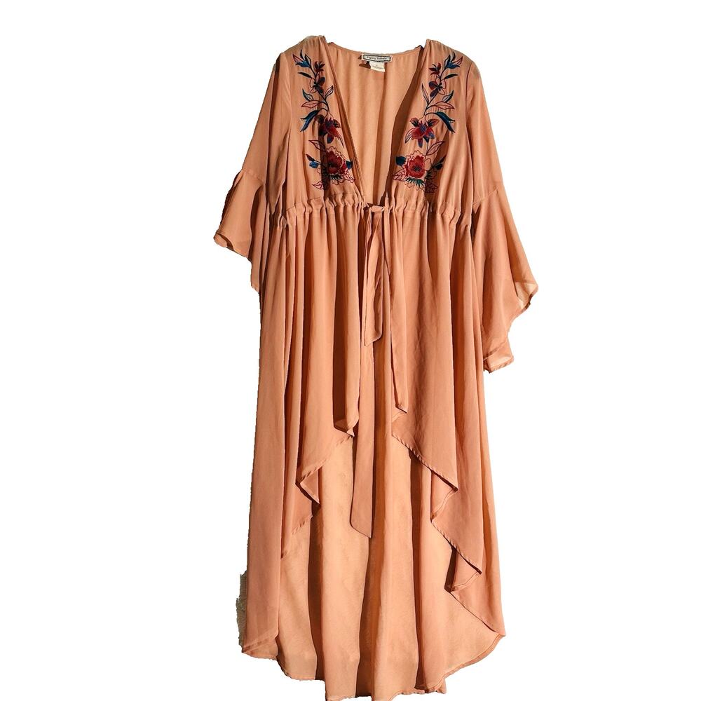 Flying Tomato Duster Sz M Peach Boho Floral Sheer Light Western Beach Hi-Low Tie